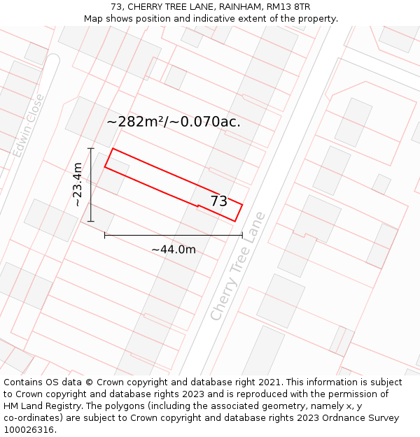 73, CHERRY TREE LANE, RAINHAM, RM13 8TR: Plot and title map
