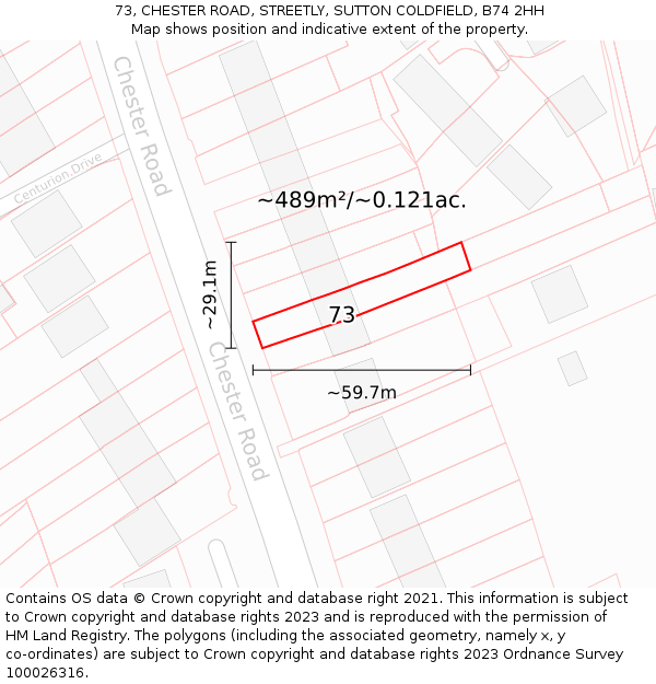 73, CHESTER ROAD, STREETLY, SUTTON COLDFIELD, B74 2HH: Plot and title map