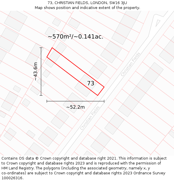 73, CHRISTIAN FIELDS, LONDON, SW16 3JU: Plot and title map