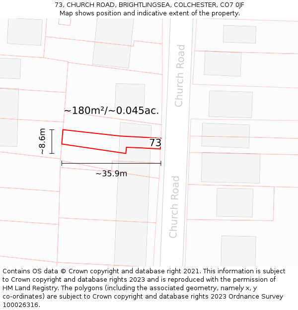 73, CHURCH ROAD, BRIGHTLINGSEA, COLCHESTER, CO7 0JF: Plot and title map