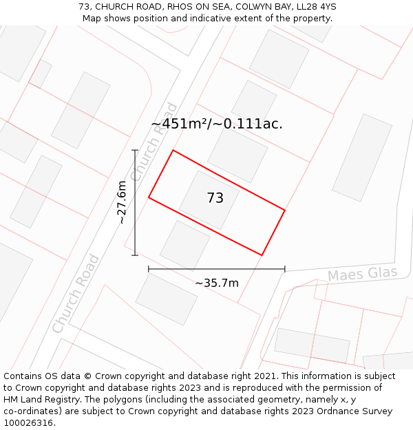 73, CHURCH ROAD, RHOS ON SEA, COLWYN BAY, LL28 4YS: Plot and title map