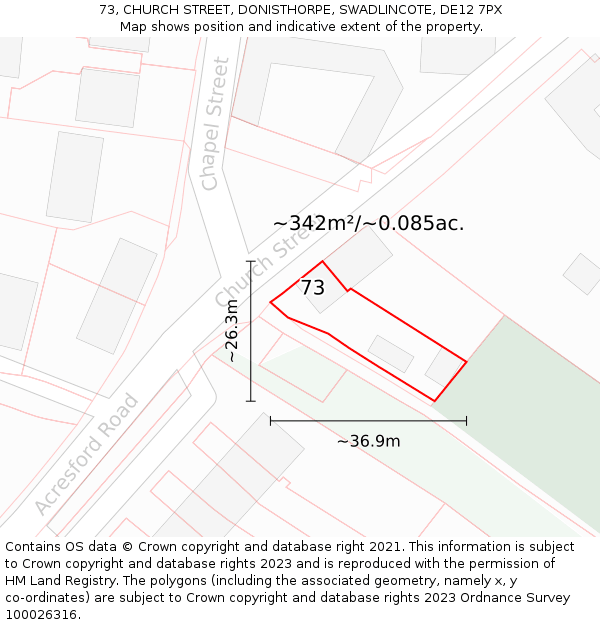 73, CHURCH STREET, DONISTHORPE, SWADLINCOTE, DE12 7PX: Plot and title map