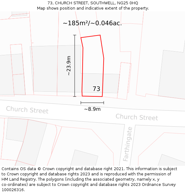 73, CHURCH STREET, SOUTHWELL, NG25 0HQ: Plot and title map