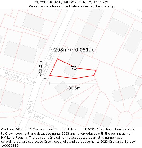 73, COLLIER LANE, BAILDON, SHIPLEY, BD17 5LW: Plot and title map