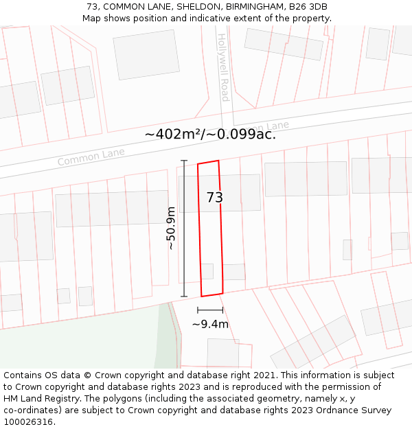 73, COMMON LANE, SHELDON, BIRMINGHAM, B26 3DB: Plot and title map