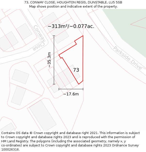 73, CONWAY CLOSE, HOUGHTON REGIS, DUNSTABLE, LU5 5SB: Plot and title map