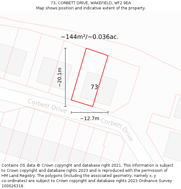 73, CORBETT DRIVE, WAKEFIELD, WF2 9EA: Plot and title map