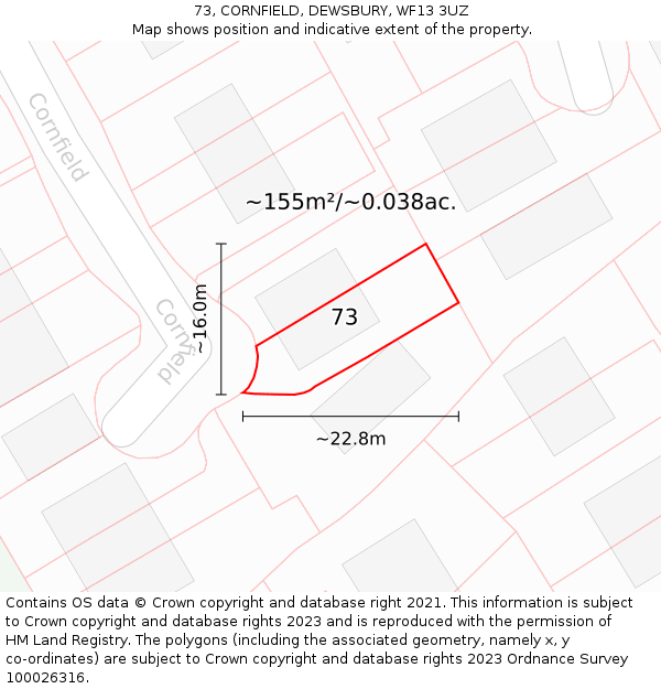73, CORNFIELD, DEWSBURY, WF13 3UZ: Plot and title map