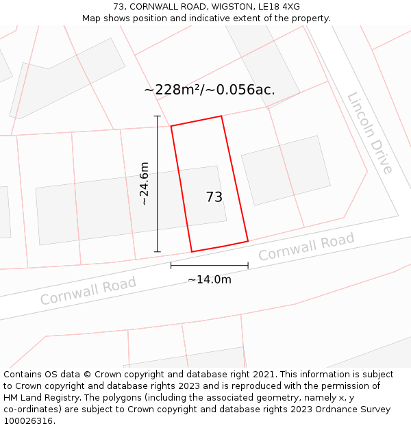73, CORNWALL ROAD, WIGSTON, LE18 4XG: Plot and title map