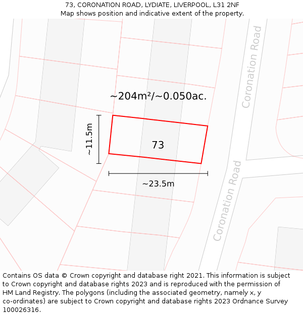 73, CORONATION ROAD, LYDIATE, LIVERPOOL, L31 2NF: Plot and title map