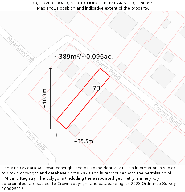 73, COVERT ROAD, NORTHCHURCH, BERKHAMSTED, HP4 3SS: Plot and title map