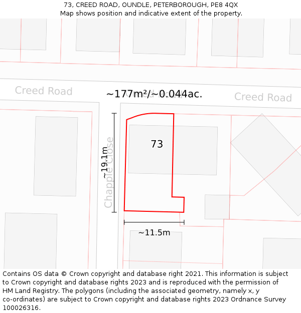 73, CREED ROAD, OUNDLE, PETERBOROUGH, PE8 4QX: Plot and title map
