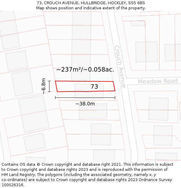 73, CROUCH AVENUE, HULLBRIDGE, HOCKLEY, SS5 6BS: Plot and title map