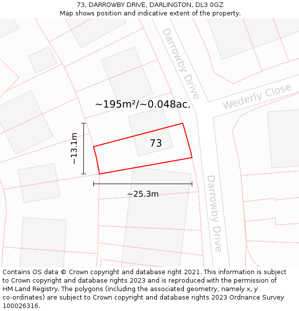 73, DARROWBY DRIVE, DARLINGTON, DL3 0GZ: Plot and title map