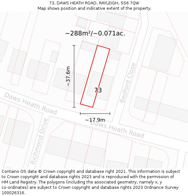 73, DAWS HEATH ROAD, RAYLEIGH, SS6 7QW: Plot and title map