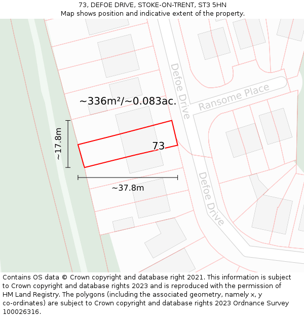 73, DEFOE DRIVE, STOKE-ON-TRENT, ST3 5HN: Plot and title map