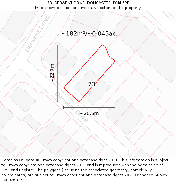 73, DERWENT DRIVE, DONCASTER, DN4 5PB: Plot and title map