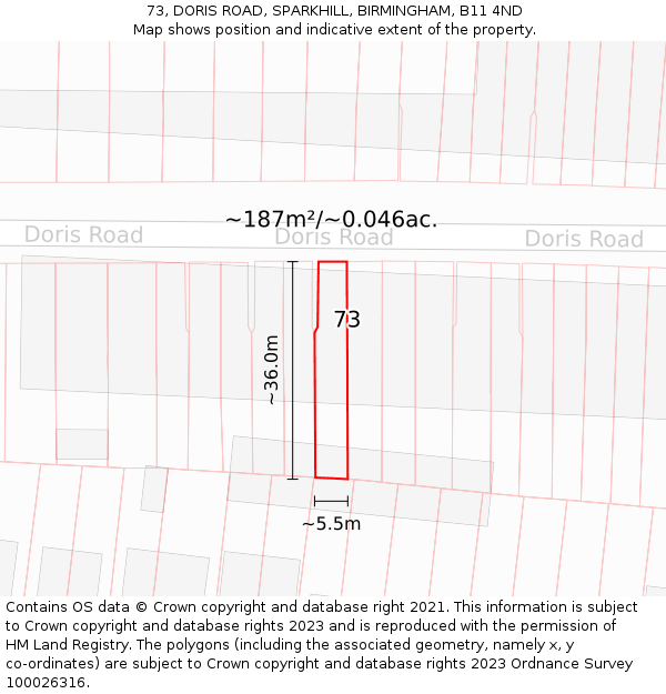 73, DORIS ROAD, SPARKHILL, BIRMINGHAM, B11 4ND: Plot and title map