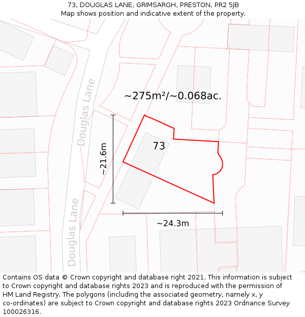 73, DOUGLAS LANE, GRIMSARGH, PRESTON, PR2 5JB: Plot and title map