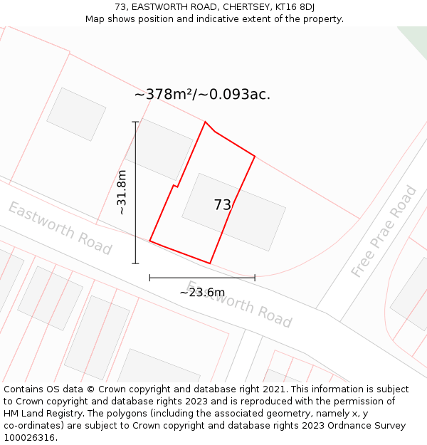 73, EASTWORTH ROAD, CHERTSEY, KT16 8DJ: Plot and title map