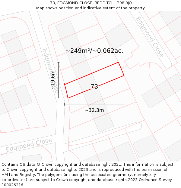 73, EDGMOND CLOSE, REDDITCH, B98 0JQ: Plot and title map