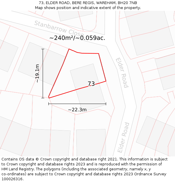 73, ELDER ROAD, BERE REGIS, WAREHAM, BH20 7NB: Plot and title map