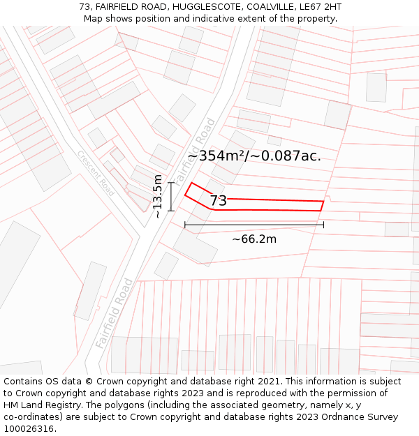 73, FAIRFIELD ROAD, HUGGLESCOTE, COALVILLE, LE67 2HT: Plot and title map