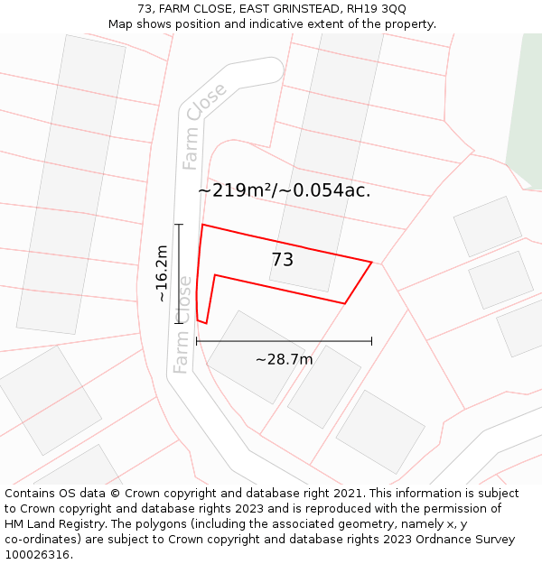 73, FARM CLOSE, EAST GRINSTEAD, RH19 3QQ: Plot and title map
