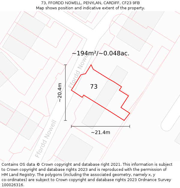 73, FFORDD NOWELL, PENYLAN, CARDIFF, CF23 9FB: Plot and title map