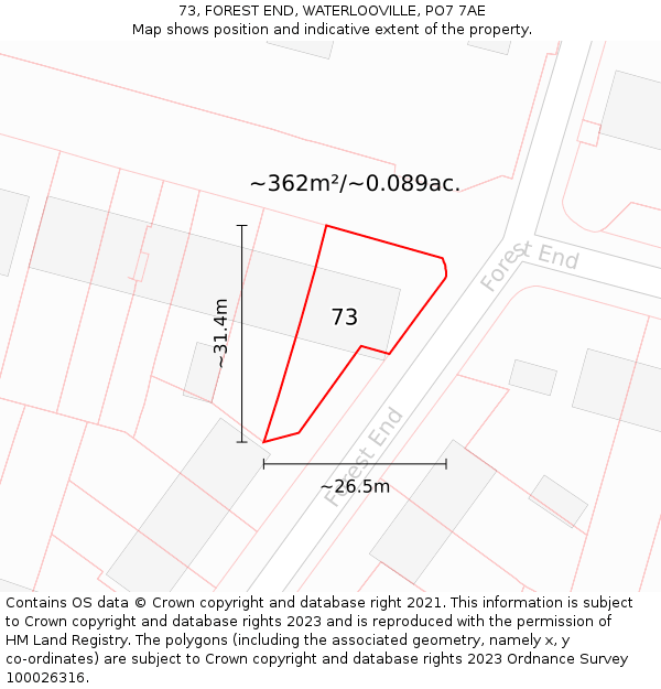 73, FOREST END, WATERLOOVILLE, PO7 7AE: Plot and title map