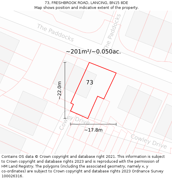 73, FRESHBROOK ROAD, LANCING, BN15 8DE: Plot and title map