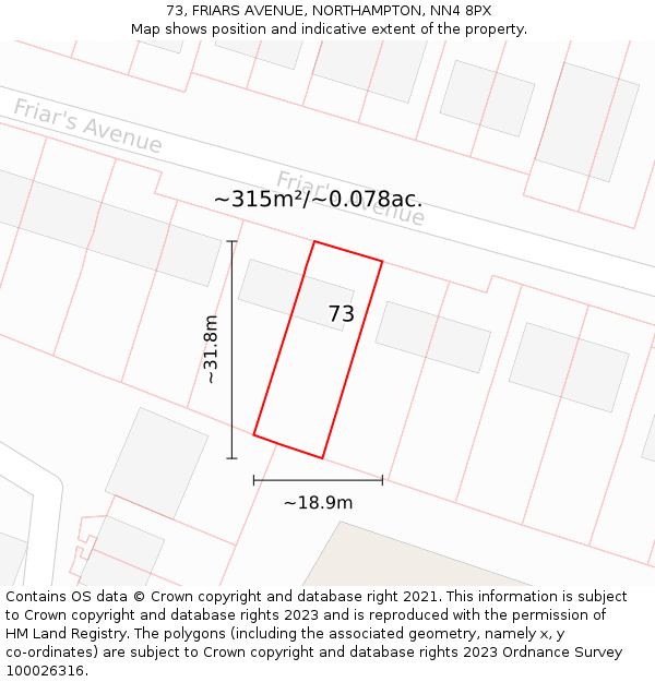 73, FRIARS AVENUE, NORTHAMPTON, NN4 8PX: Plot and title map