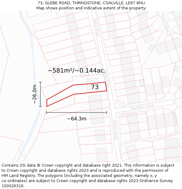 73, GLEBE ROAD, THRINGSTONE, COALVILLE, LE67 8NU: Plot and title map
