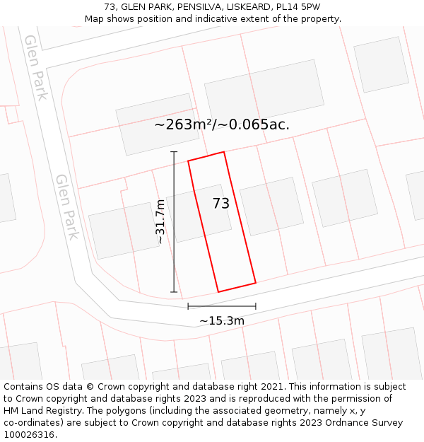 73, GLEN PARK, PENSILVA, LISKEARD, PL14 5PW: Plot and title map