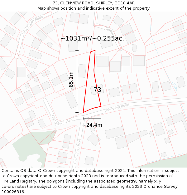 73, GLENVIEW ROAD, SHIPLEY, BD18 4AR: Plot and title map
