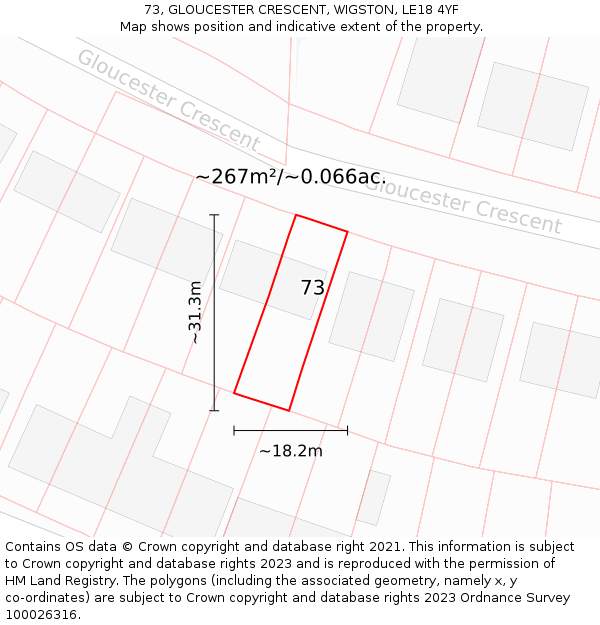 73, GLOUCESTER CRESCENT, WIGSTON, LE18 4YF: Plot and title map