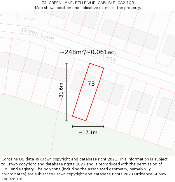 73, GREEN LANE, BELLE VUE, CARLISLE, CA2 7QB: Plot and title map
