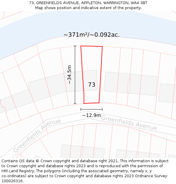 73, GREENFIELDS AVENUE, APPLETON, WARRINGTON, WA4 3BT: Plot and title map