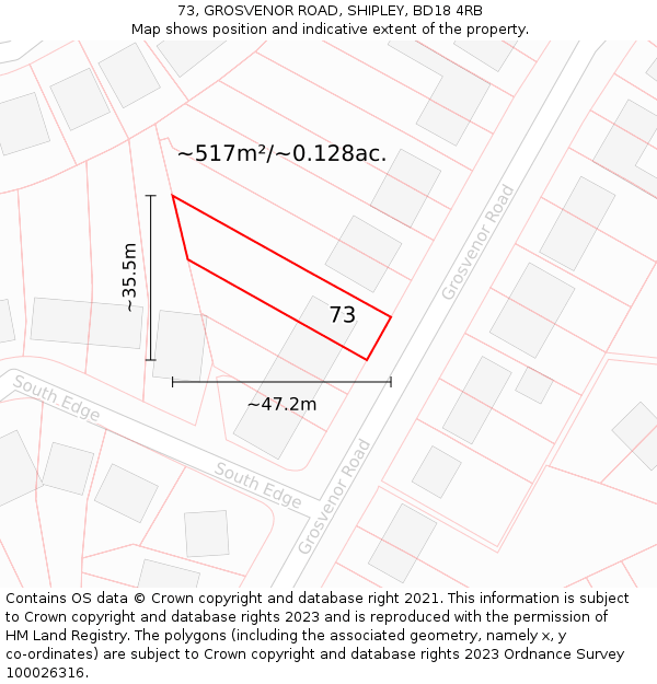 73, GROSVENOR ROAD, SHIPLEY, BD18 4RB: Plot and title map