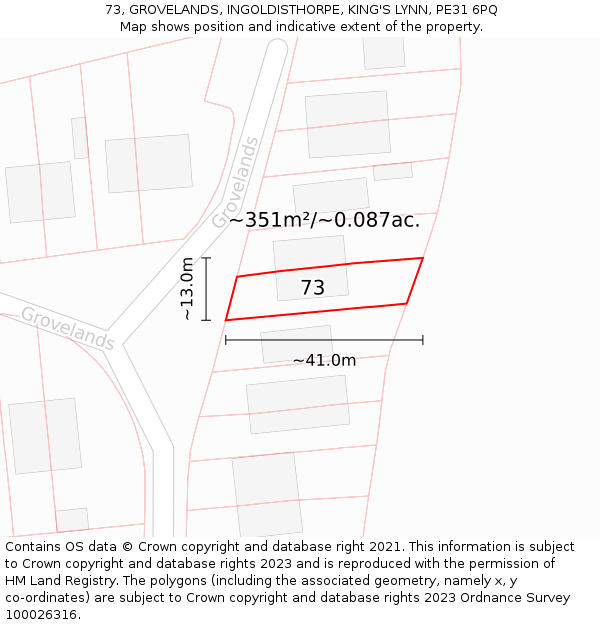 73, GROVELANDS, INGOLDISTHORPE, KING'S LYNN, PE31 6PQ: Plot and title map