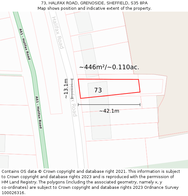 73, HALIFAX ROAD, GRENOSIDE, SHEFFIELD, S35 8PA: Plot and title map