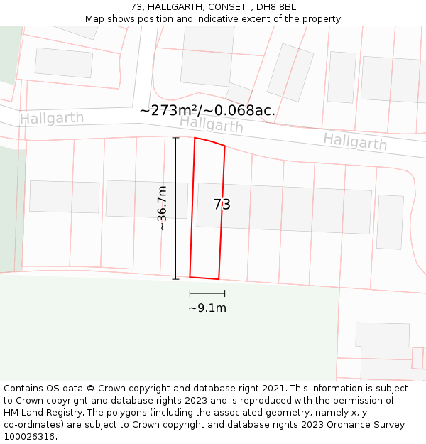 73, HALLGARTH, CONSETT, DH8 8BL: Plot and title map