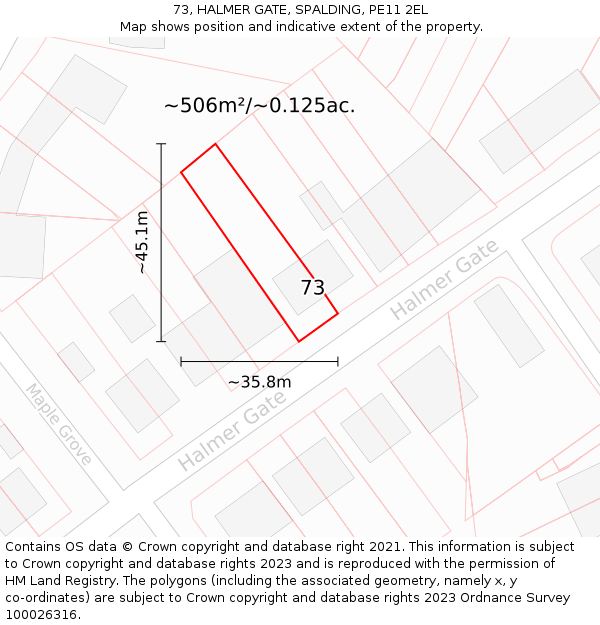 73, HALMER GATE, SPALDING, PE11 2EL: Plot and title map