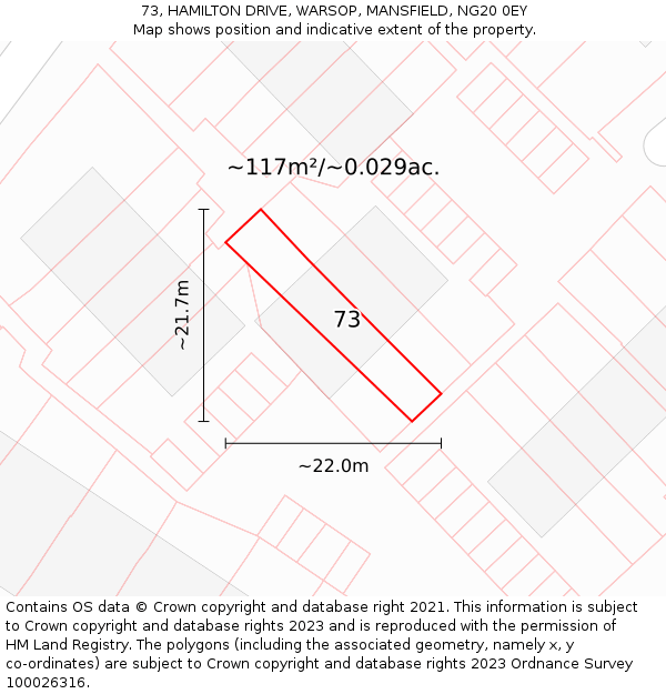 73, HAMILTON DRIVE, WARSOP, MANSFIELD, NG20 0EY: Plot and title map