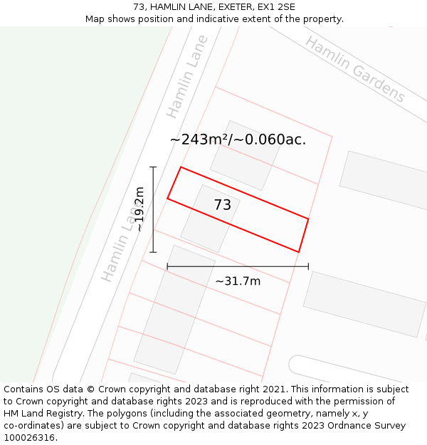 73, HAMLIN LANE, EXETER, EX1 2SE: Plot and title map
