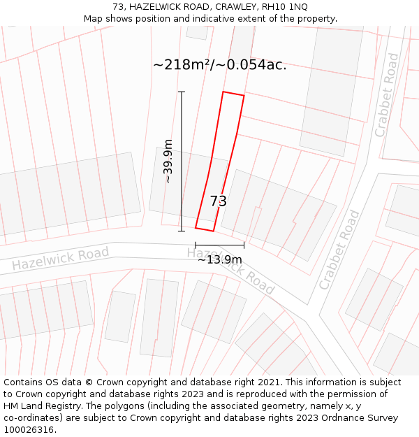 73, HAZELWICK ROAD, CRAWLEY, RH10 1NQ: Plot and title map