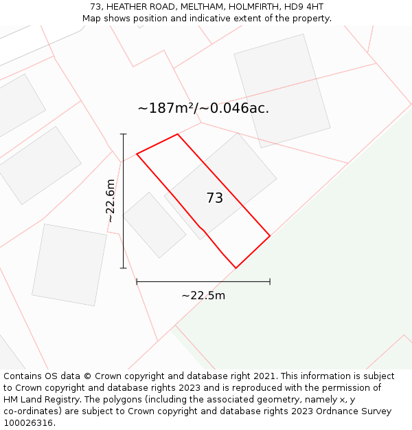 73, HEATHER ROAD, MELTHAM, HOLMFIRTH, HD9 4HT: Plot and title map