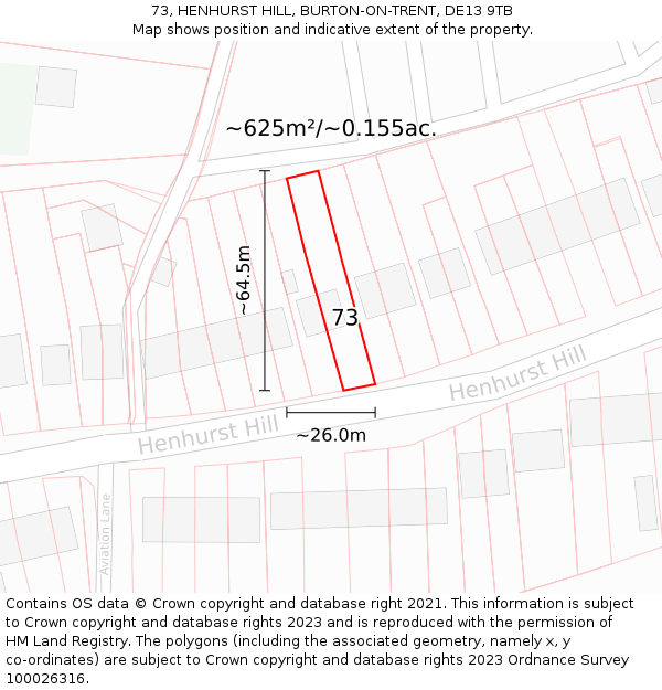 73, HENHURST HILL, BURTON-ON-TRENT, DE13 9TB: Plot and title map