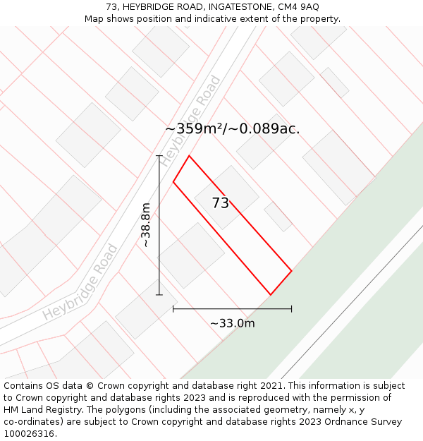 73, HEYBRIDGE ROAD, INGATESTONE, CM4 9AQ: Plot and title map