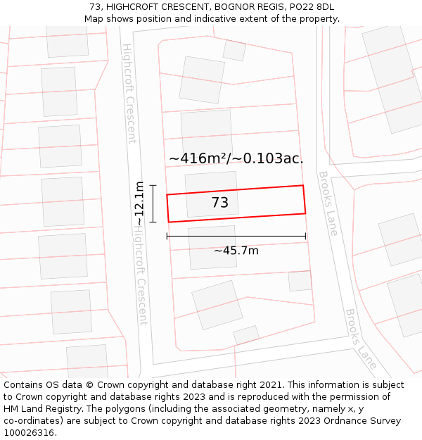 73, HIGHCROFT CRESCENT, BOGNOR REGIS, PO22 8DL: Plot and title map